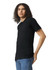 A black unisex short sleeve t-shirt displayed on a model with curly hair, set against a plain background.