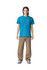 A man wears a bright turquoise unisex fine jersey short sleeve T-shirt, with a logo on the shirt.