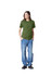 A green unisex short sleeve t-shirt worn by a model, paired with blue jeans and black shoes. Branding visible.