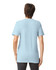 A light blue unisex short sleeve t-shirt viewed from the back, featuring a subtle logo on the upper back.