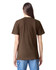 A brown unisex short sleeve t-shirt displayed from the back, featuring a logo.