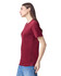 A maroon unisex short sleeve t-shirt displayed on a model, featuring a logo.