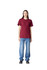 A maroon unisex fine jersey short sleeve t-shirt is displayed on a model standing casually with hands in pockets.