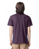 A unisex fine jersey short sleeve t-shirt in a deep purple colour, viewed from the back. It has a logo on the back.