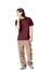A maroon unisex short sleeve t-shirt is worn with khaki cargo pants. The model has long hair and a casual pose.
