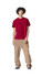 A red unisex short sleeve t-shirt worn by a model, paired with beige cargo pants and black shoes.
