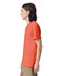 A side view of an orange unisex short sleeve t-shirt with a logo on it.