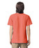 A unisex short sleeve t-shirt in coral with a plain back view, featuring a logo on the neck.