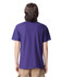 A purple unisex short sleeve t-shirt, featuring a logo, displayed from the back on a model.
