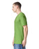 A green unisex short sleeve t-shirt displayed on a model from the side, featuring a branding logo.