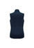 A navy women's vest featuring a high collar and no sleeves, with a logo on the back.
