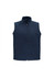 A navy vest with a high collar and zip closure, featuring two side pockets and a logo.