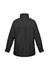 A black unisex puffer jacket featuring a high collar and adjustable cuffs, with a logo on the design.