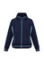 A navy jacket with light blue accents and a hood, featuring zippered pockets and a logo.