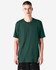 A model displays a unisex short sleeve t-shirt in dark green, featuring a logo on the front.