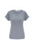 A grey short sleeve top with a V-neck design and a subtle crisscross feature. It includes a logo on the label.