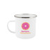 A white enamel mug with a colourful donut design and the words "Sprinkle Sensations," featuring a silver rim.