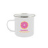 A white enamel mug featuring a colorful donut design and a logo. The mug has a shiny metal rim.