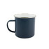 A blue enamel mug featuring a stainless steel rim and a sturdy handle, designed for drinkware use.