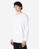A white long sleeve T-shirt for adults, featuring a simple design and a logo on the front.