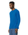 A long-sleeve T-shirt in bright blue, featuring a logo, worn by a model facing left.