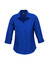 A blue ladies' shirt with 3/4 sleeves, featuring a collar and buttons down the front. It has a logo.