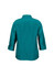 A teal women's 3/4 sleeve shirt with a collar and buttoned cuffs, featuring a logo on the back.