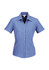 A blue women's short sleeve button-up shirt with a pointed collar and a fitted silhouette, featuring a logo.