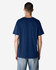 A heavy cotton adult T-shirt in navy blue, featuring a classic crew neck and short sleeves, with a branding logo.