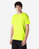 A bright yellow Gildan Heavy Cotton adult T-shirt worn by a model, featuring a logo on the front.