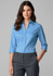 A blue women's button-up shirt with 3/4 sleeves, featuring a collar and a fitted design.