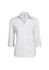 A white women's 3/4 sleeve button-up shirt with a collar and a branded label.
