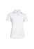 A white short sleeve button-up shirt for women, featuring a classic collar and a logo on the chest.