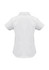 A women's short sleeve button-up shirt in white with a back view, featuring a collar and a small logo.