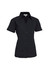 A black women's short sleeve button-up shirt featuring a collared neckline and a fitted design.