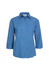 A blue women's micro check 3/4 sleeve button-up shirt with a collared neck and a logo.