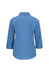 A women's blue micro check 3/4 sleeve button-up shirt, featuring a collar and a logo.