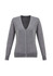 A women's grey knit cardigan with a V-neck and button front, featuring long sleeves and a fitted design.