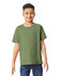 A green youth t-shirt is displayed on a child, featuring a simple design and a logo.