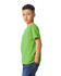 A youth t-shirt in vibrant green, featuring short sleeves and a crew neck, displayed on a model.