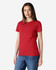 A red Gildan Heavy Cotton Ladies' T-Shirt displayed on a model, featuring a classic fit and short sleeves.