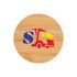 A drink bottle opener coaster made of bamboo, featuring a colourful logo with a truck design.