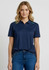 A navy blue women's polo shirt with short sleeves and a logo, featuring green accents on the shoulders.