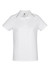 A women's short sleeve polo shirt in white with a subtle branding logo.