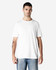 A plain white adult t-shirt is displayed on a model. The t-shirt features a logo and has a relaxed fit.