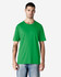 A green Gildan Softstyle adult t-shirt displayed on a model, featuring a plain design and a label.