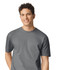 A grey Gildan Softstyle adult t-shirt displayed on a smiling male model, with a simple logo on the shirt.