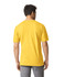 A yellow Gildan Softstyle adult T-shirt displayed from the back, featuring a plain design and a logo.