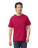 A man wearing a maroon Gildan Softstyle adult T-shirt stands and smiles. The shirt has a logo on it.