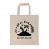 A cream-colored tote bag with a black logo featuring a palm tree, surfboard, and birds. It has short handles.